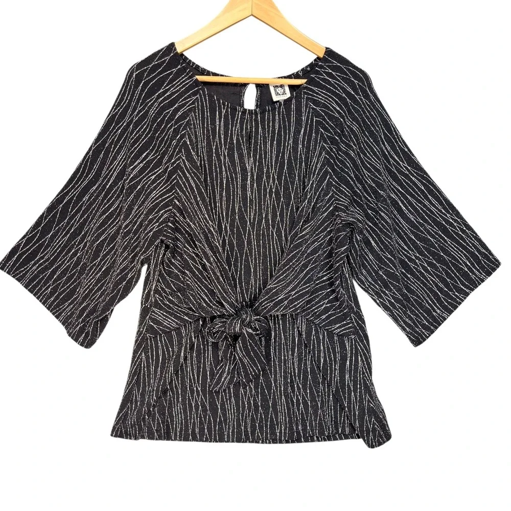 Anne Klein Black Silver Metallic Tie Front Blouse Womens Size‎ L
